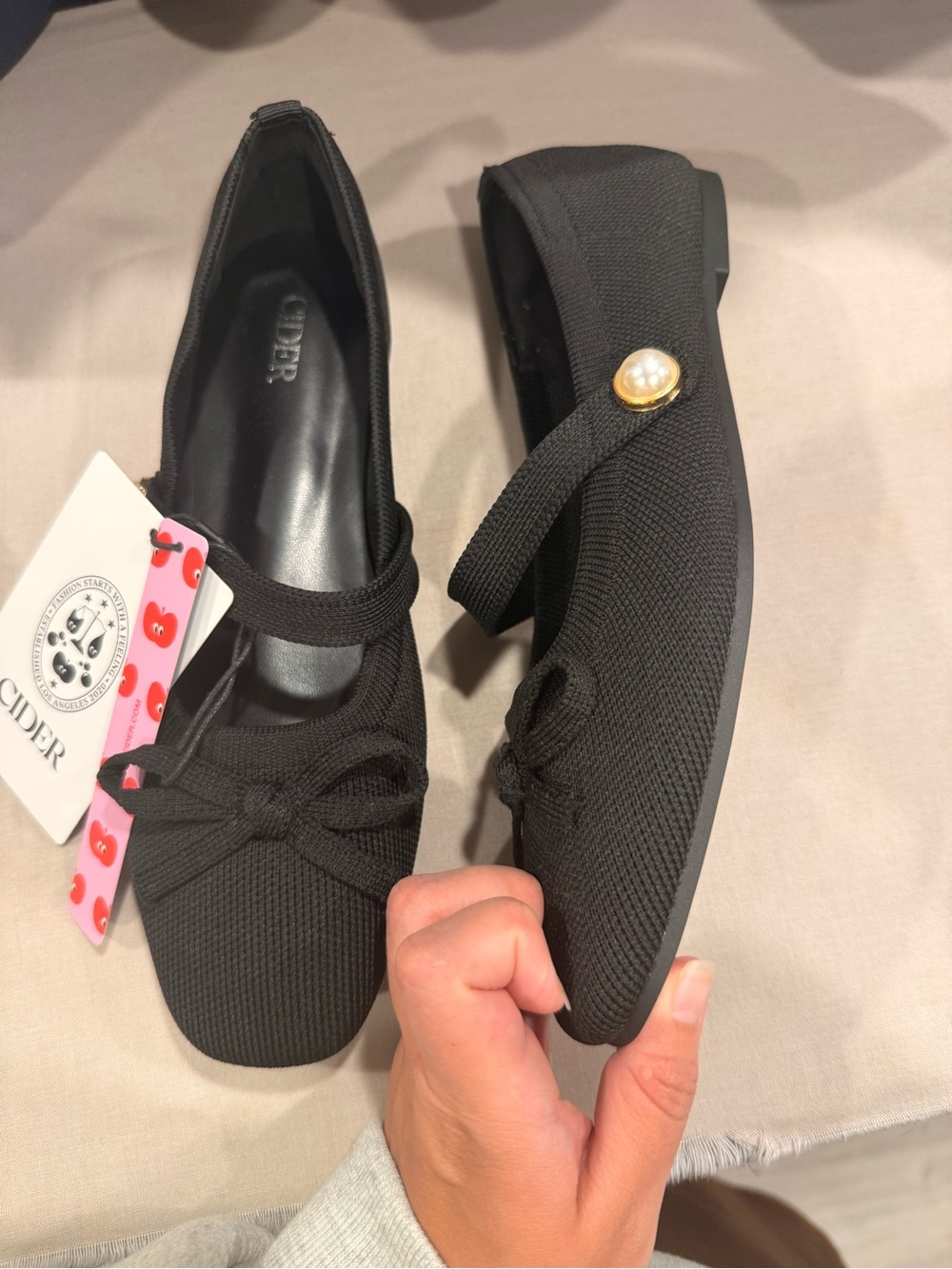 Cider Black Knit Mary Jane Flats with Pearl Button